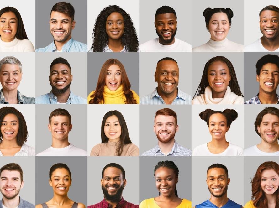 Collage Of Happy Multiracial People Faces On Gray Backgrounds