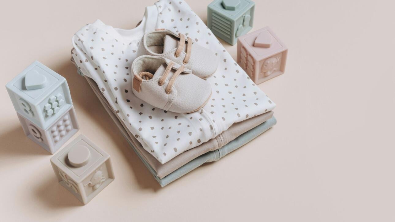 Stack of organic cotton bodysuits, rompers, baby shoes and silicone toys, pyramid