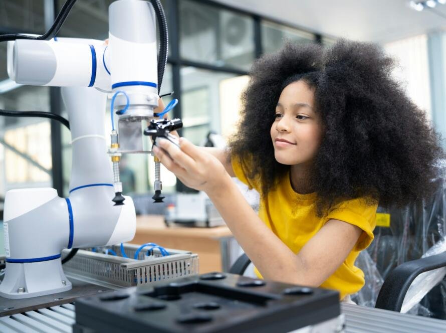 Student working with robot for science project. Students studying robotic at an university institute