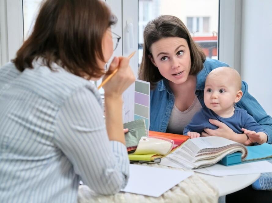 Women interior designer and client with baby choosing fabrics and materials