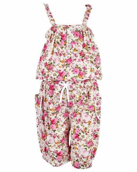 Floral-patterned girls' jumpsuit with strappy shoulders and drawstring waist.