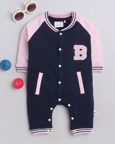 bumzee navy blue 26 pink girls colourblock romper with mandarin collar