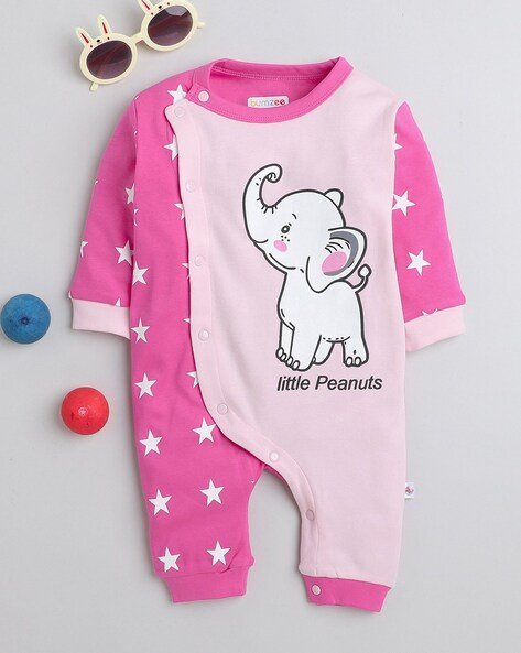 bumzee pink unisex star print round neck romper