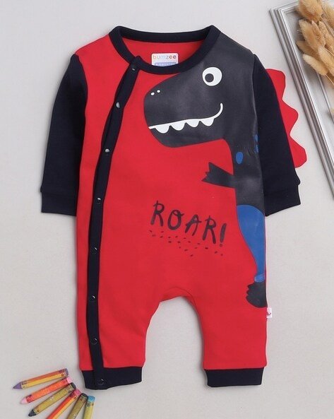 bumzee red unisex dinosaur print round neck romper