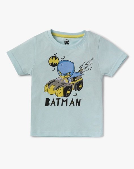 Light blue children's T-shirt featuring a cartoon Batman driving a Batmobile with the text "BATMAN" below.