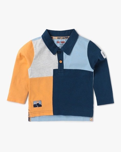 Colour-blocked long-sleeve polo shirt with a mix of orange, light blue, grey, and navy blue patches.