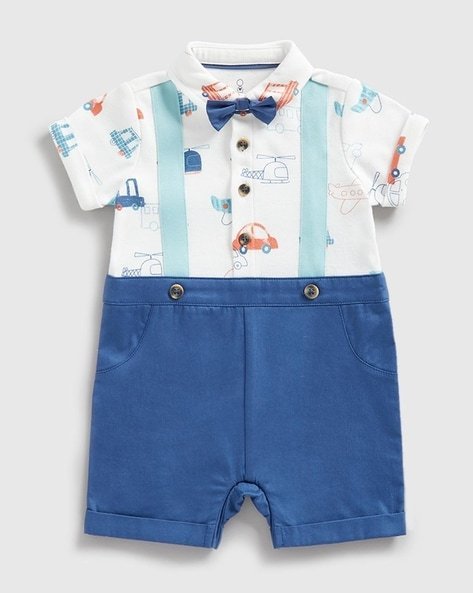 mothercare blue infants printed romper with bow tie