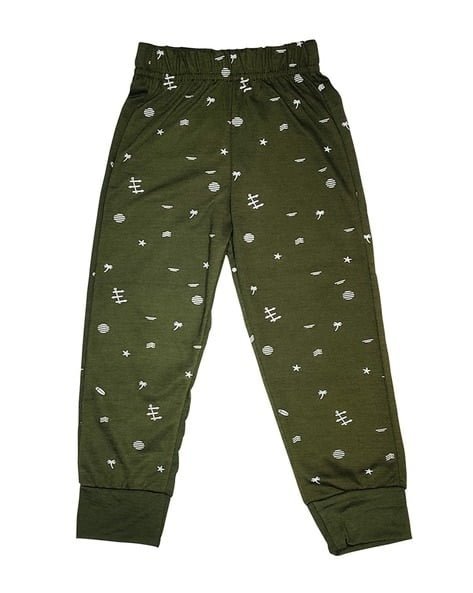 Green children's trousers with a space-themed print and an elastic waistband.