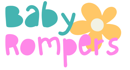 Text "Baby Rompers" with a yellow flower design.