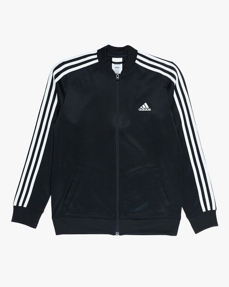 Black Adidas track jacket with white stripes along the sleeves and the Adidas logo on the chest.