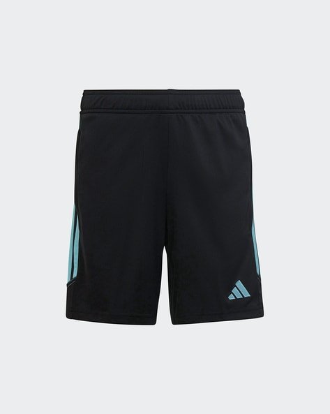 Black sports shorts with turquoise accents and a logo on the left leg.