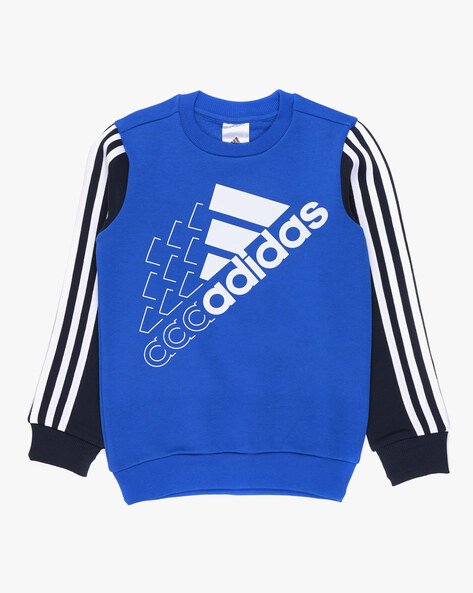 Blue Adidas sweatshirt with white logo and stripes on black sleeves.