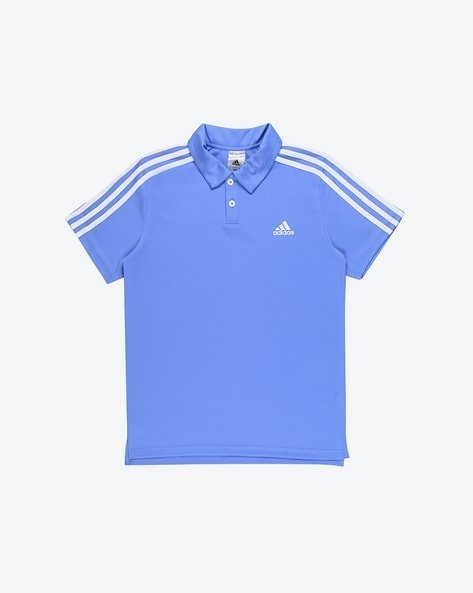 Blue Adidas polo shirt with white stripes on the shoulders and a logo on the chest.