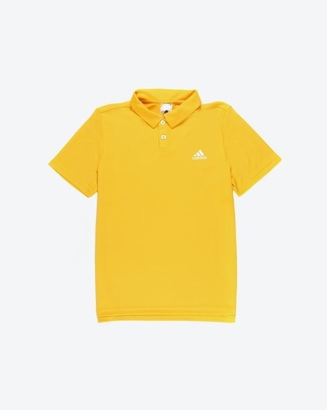 Yellow Adidas polo shirt with a collar and short sleeves.