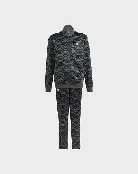 A black and grey patterned tracksuit with a zip-up jacket and matching pants.