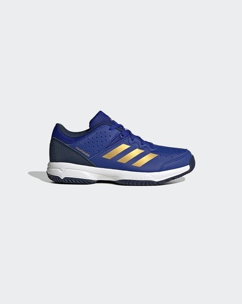 Blue athletic shoe with gold stripes and a white sole.