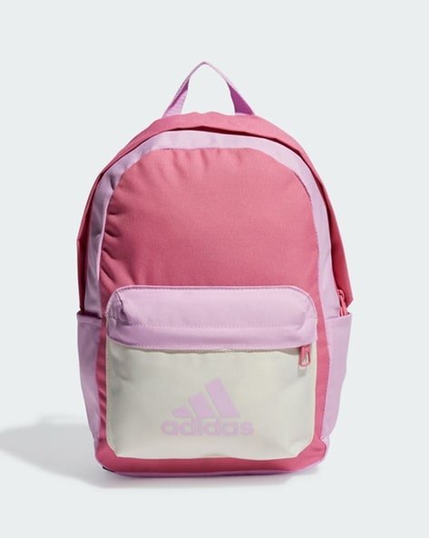 Pink and white Adidas backpack with a front zip pocket and logo.