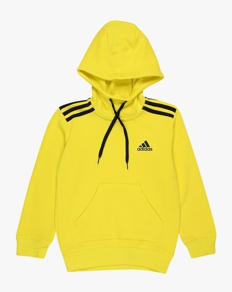 Yellow hoodie with black drawstrings and Adidas logo.