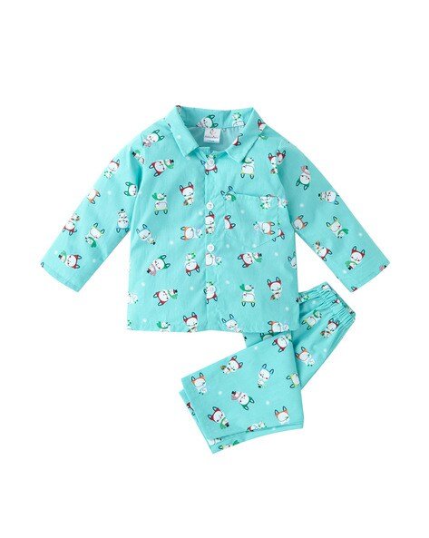 BABYWISH Cartoon Printed Collar-Neck Nightsuit Set
