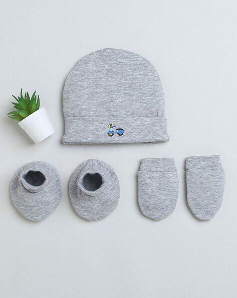 BUMZEE Graphic Print Cap & Mittens Set with Booties