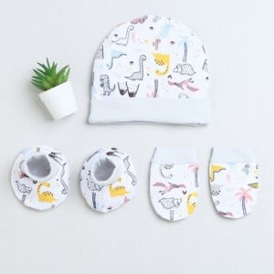 BUMZEE Graphic Print Cap & Mittens Set with Booties