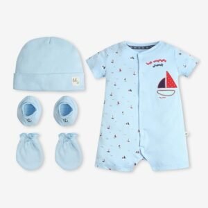 Ed-A-Mamma - Boys Printed Romper with Mittens Booties & Cap Set
