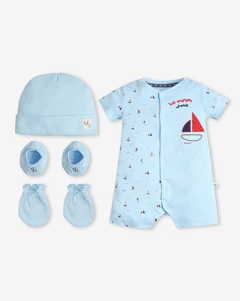 Ed-A-Mamma - Boys Printed Romper with Mittens Booties & Cap Set