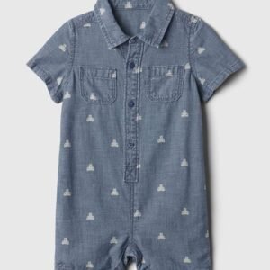 Gap Kids Short Sleeves Lightly Washed Printed Denim Romper