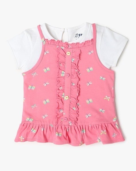 INF FRENDZ Girls Crew-Neck T-Shirt & Printed Strappy Top