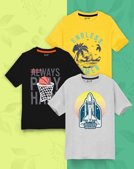 J & JP Pack of 3 Typographic Print Round-Neck T-Shirts