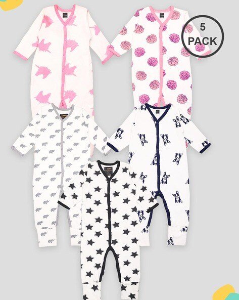 KIDBEA Pack of 5 Printed Pure Cotton Rompers