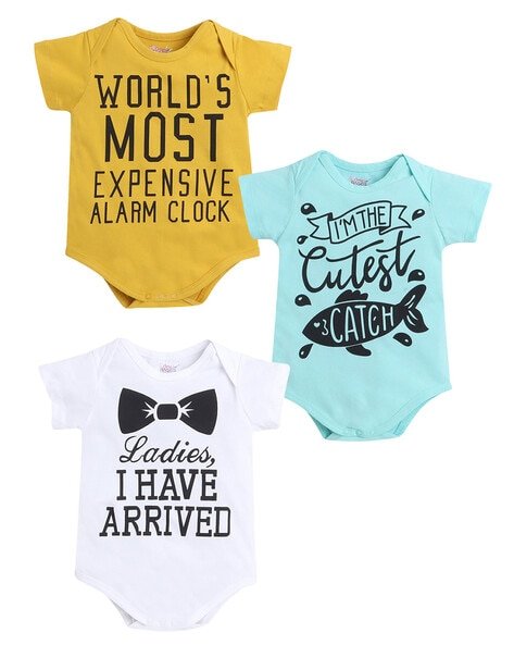 LITTLE ANGELS - Pack of 3 Typographic Print Round-Neck Rompers