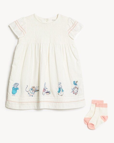 Marks & Spencer Girls Embroidered Fit & Flare Dress with Socks