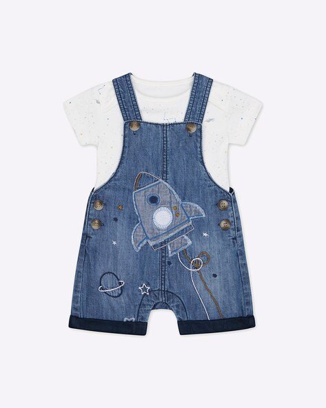 Mothercare Mid-Wash Embroidered Dungrees with Bodysuit