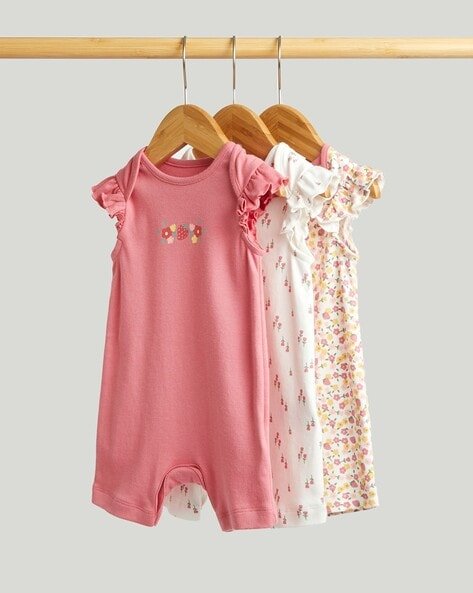 Mothercare - Girls Pack of 3 Floral Print Cotton Rompers