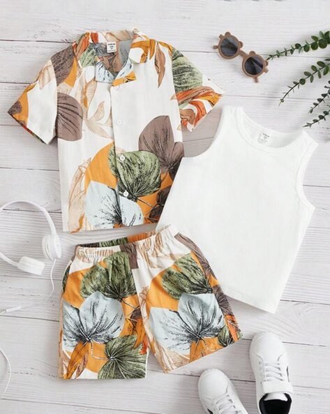 OCVITO Boys Floral Print Cotton Shirt & Shorts Set