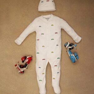 One Friday - Infants Embroidered Cotton V-Neck Romper with Cap
