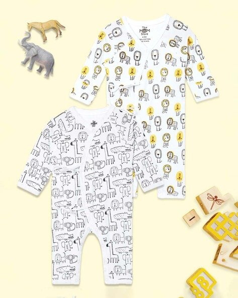 THE MOM STORE - Infants Pack of 2 Printed Rompers with Tie-Up