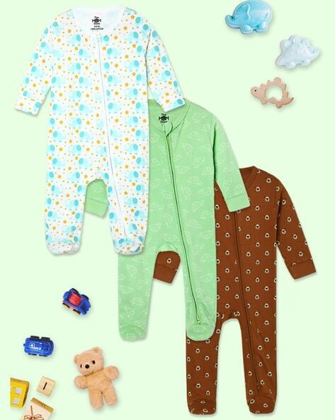 THE MOM STORE - Pack of 3 Printed Rompers with Zip Closure