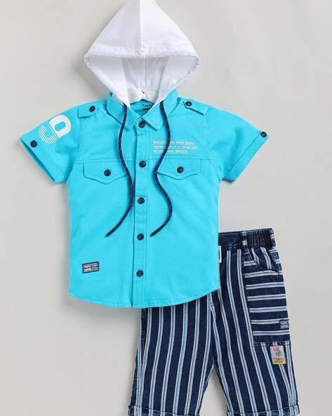 TOONYPORT Typographic Print Shorts & Hooded T-Shirt Set