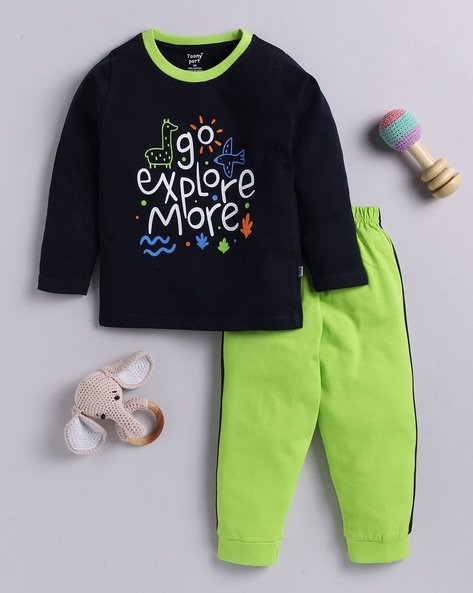 TOONYPORT Boy Graphic Print Round-Neck T-Shirt & Pants Set