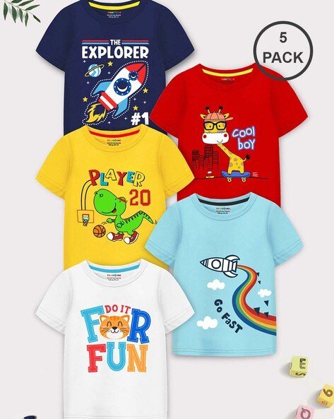 Trampoline Boys Pack of 5 Graphic Print Regular Fit Round-Neck T-Shirts