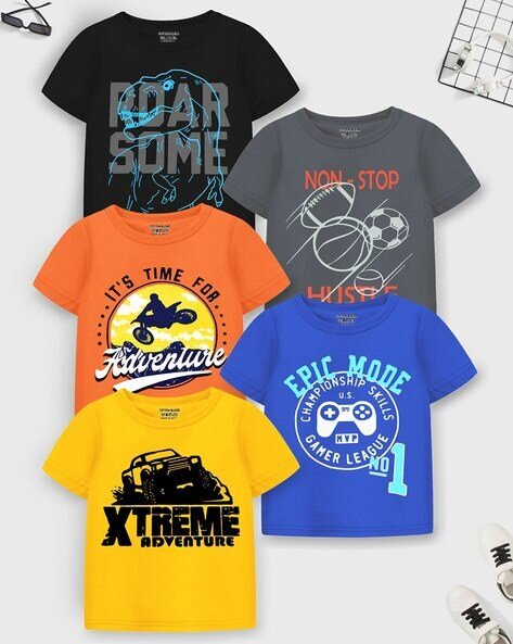 Trampoline Pack of 5 Typographic Print Crew-Neck T-shirts