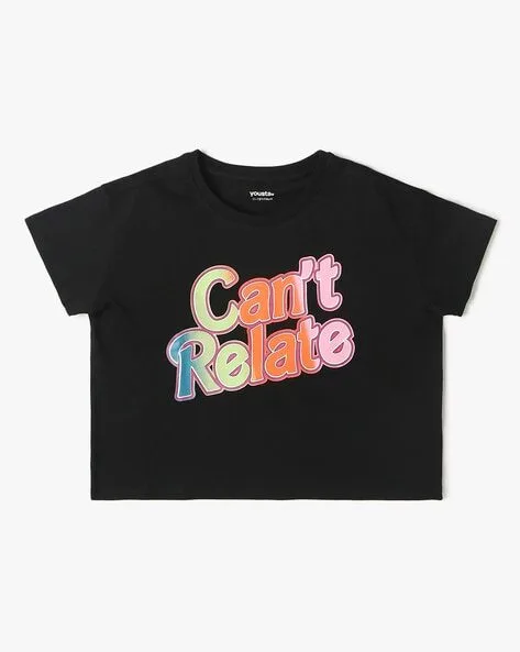Yousta - Girls Typographic Print Boxy Fit Crew-Neck Crop T-Shirt