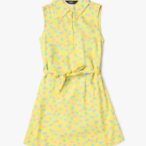Yousta - Polka-Dot Print Shirt Dress with Waist Tie-Up