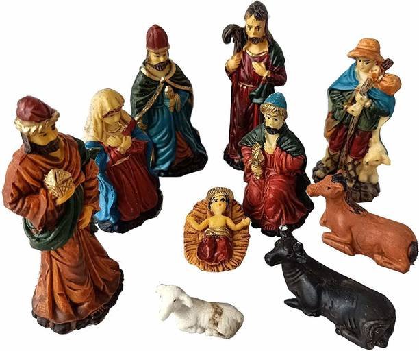 SK Craft 10 Piece Christmas Nativity Crib Set Decoration Baby Jesus, Christmas Crib Nativity Set, Christmas Decoration Separate Pieces 9 cm Pack of 10